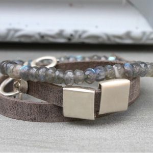 Custom made labradorite and leather wrap bracelet.